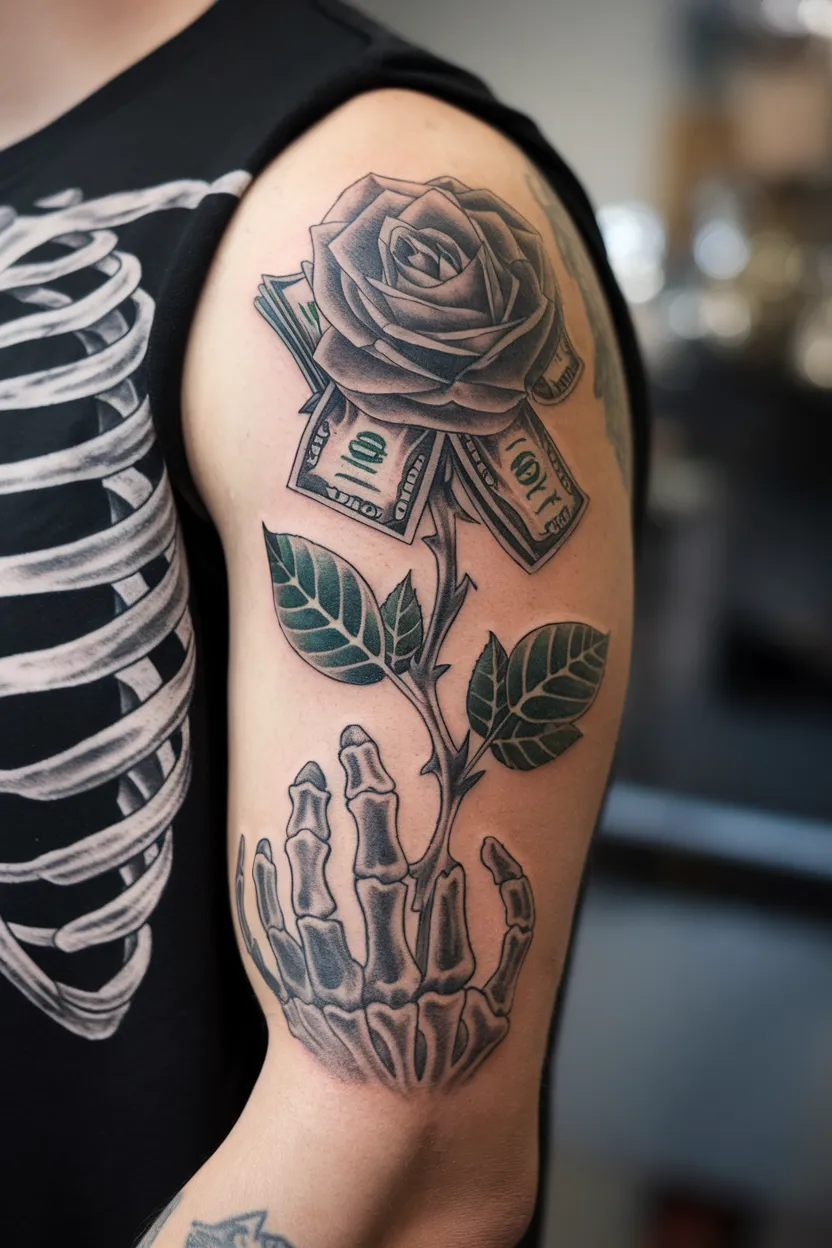 A Skeletal Hand Holding a Stem of Money Rose