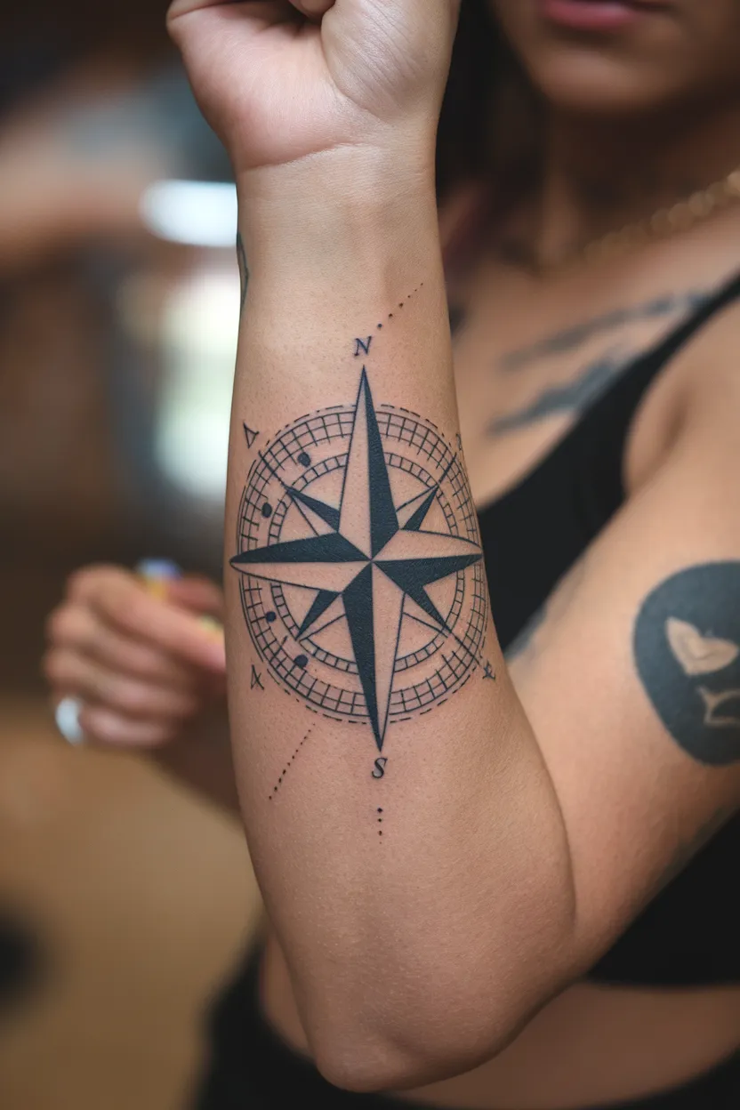 Black Work Compass Tattoo