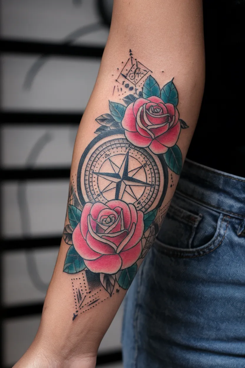 Colorful Traditional Compass Tattoo