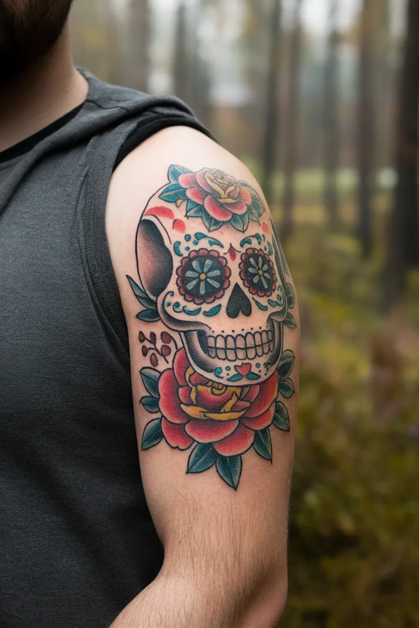 Day of the Dead Skull & Flower Rib Tattoo
