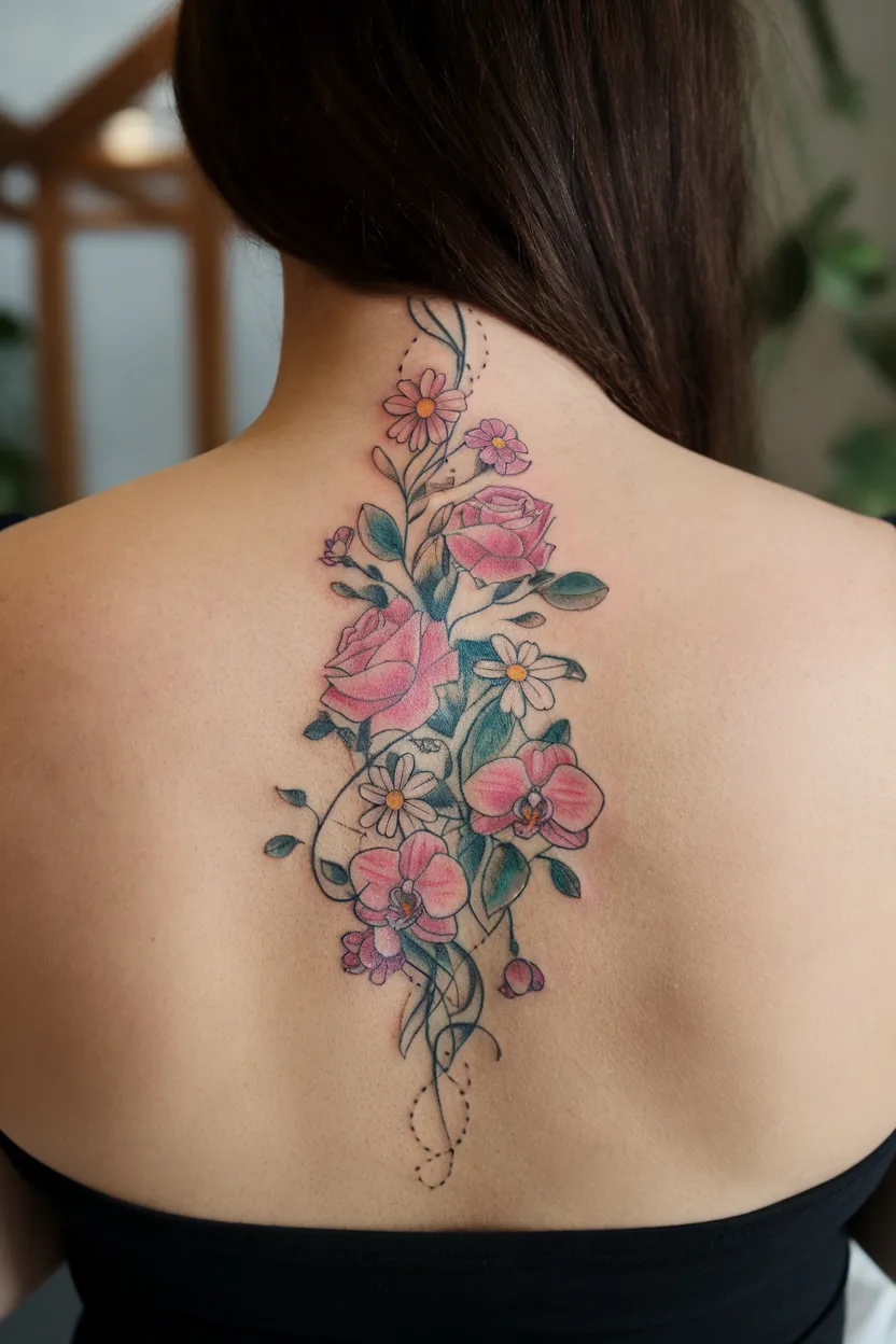 Delicate Floral Spine Tattoo