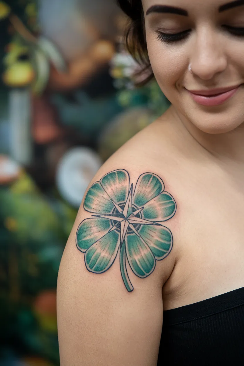 Four-Leaf Clover Compass Tattoo