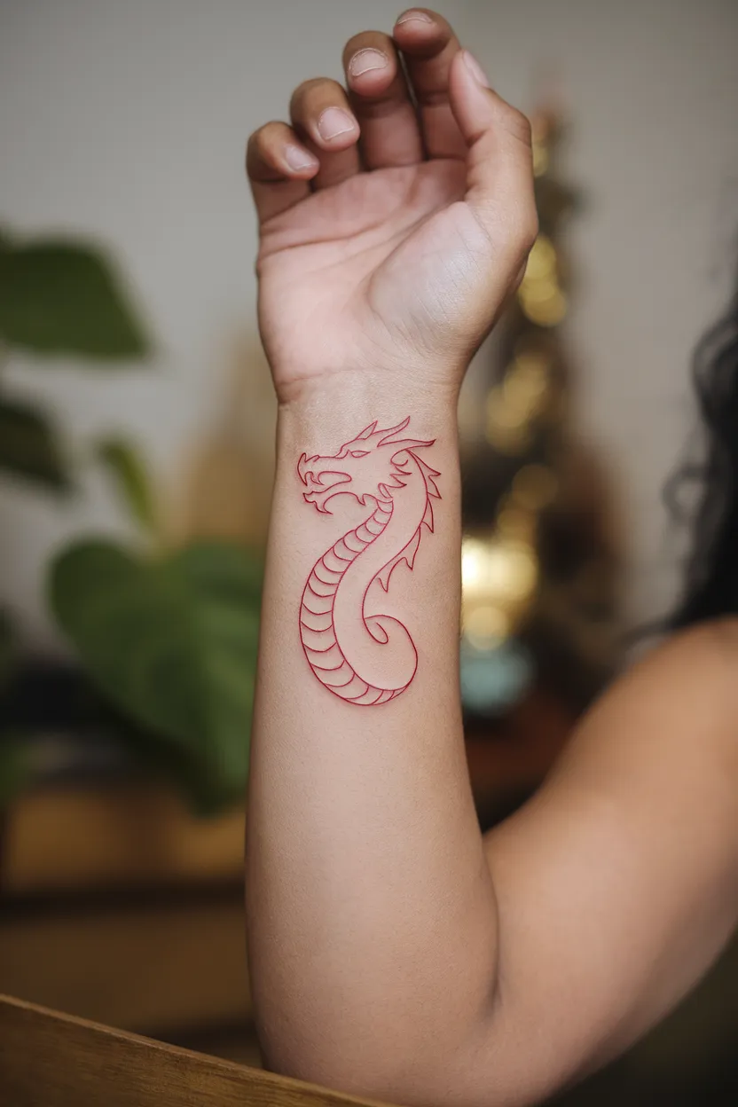 Minimalist Red Dragon Outline on Wrist