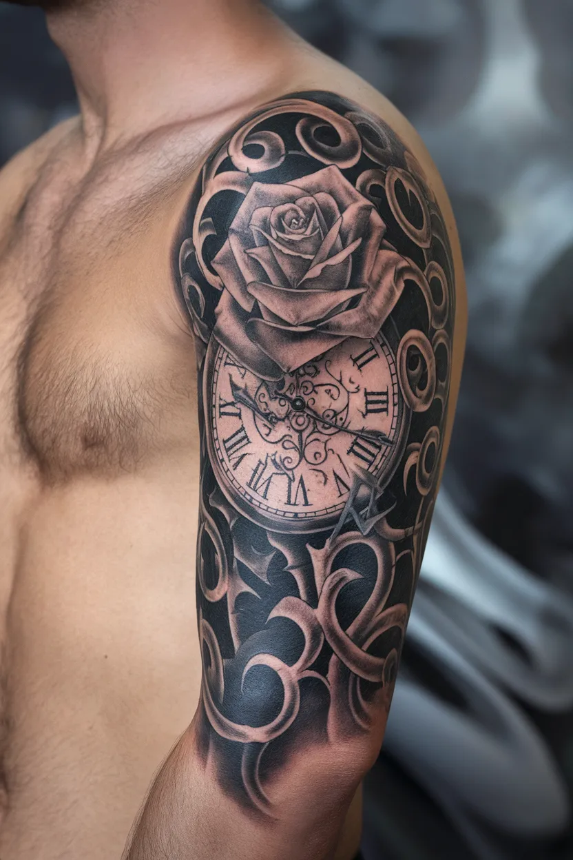 Money Rose and Clock Embraced With Baroque Swirls