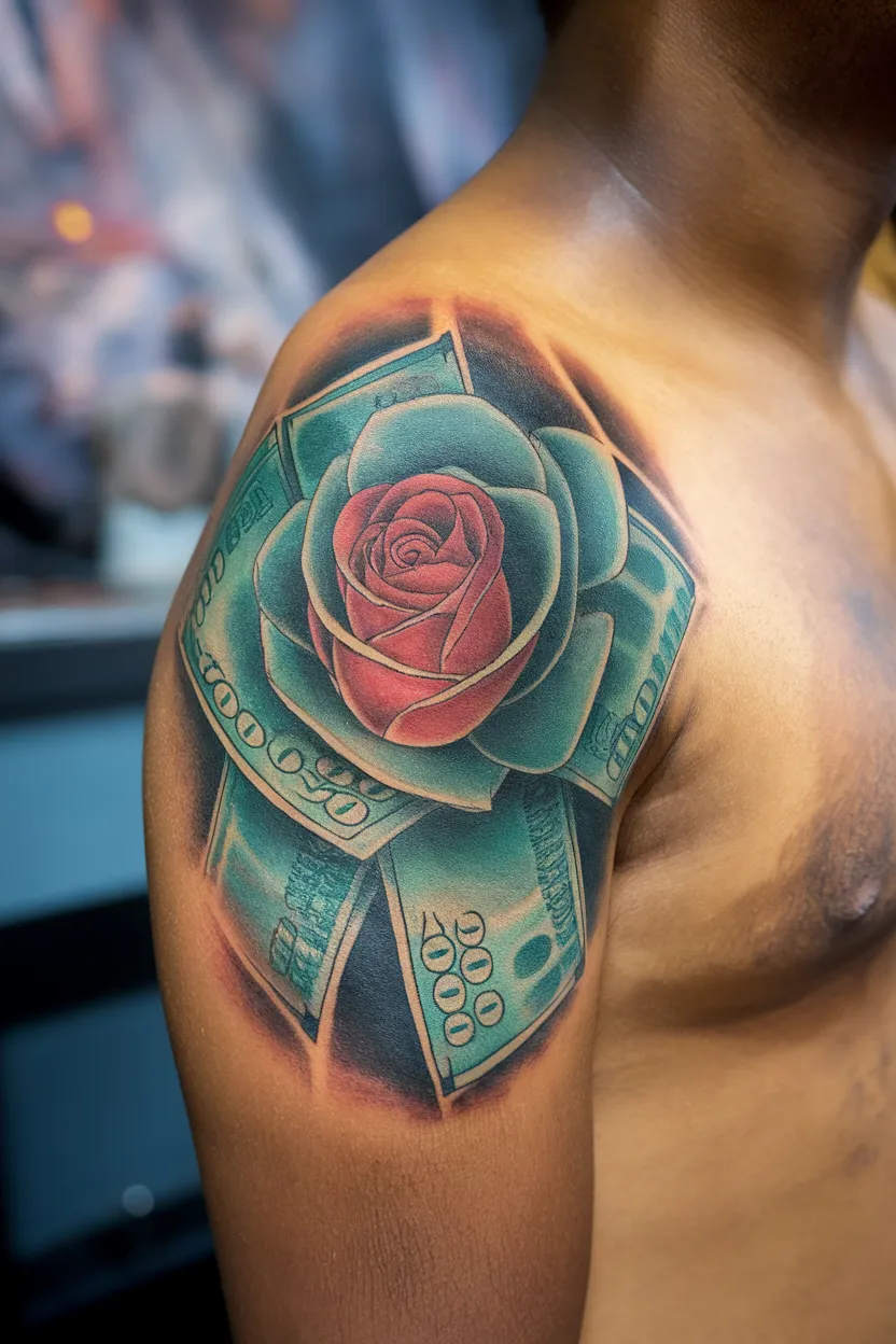 Money Rose Shoulder Tattoo