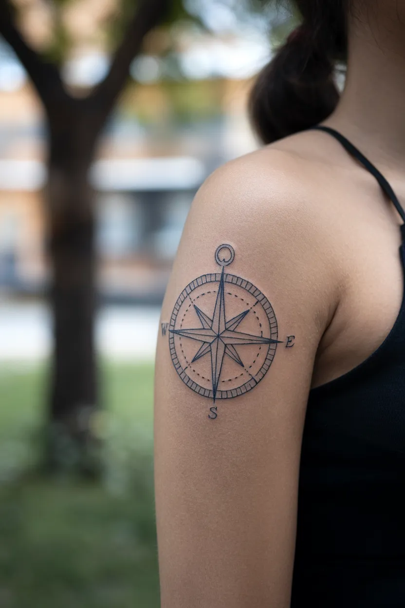 Outline-Only Compass Tattoo