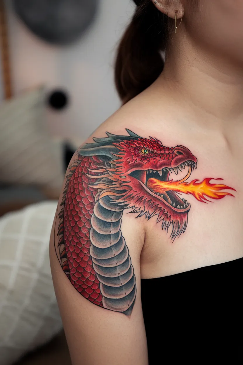 Red Dragon Breathing Fire on Shoulder Blade