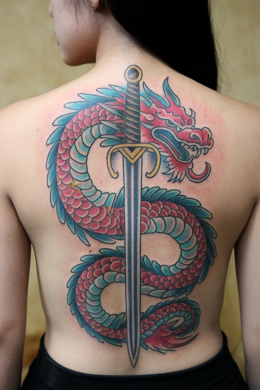 Red Dragon Curled Around a Sword on Spine