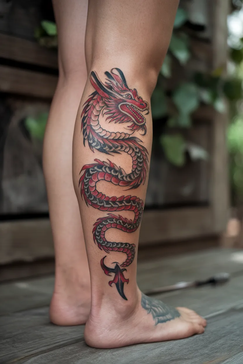 Tribal-Inspired Red Dragon Calf Tattoo