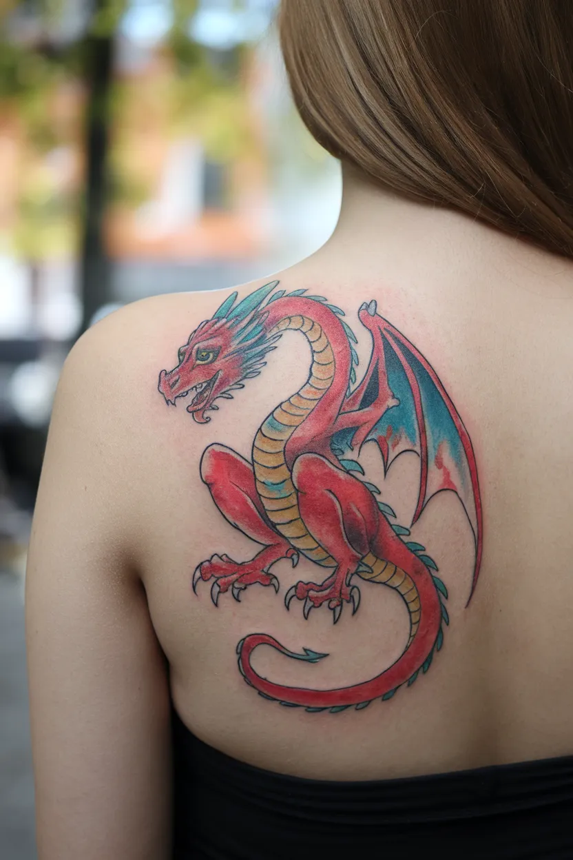 Watercolor Red Dragon Back Tattoo