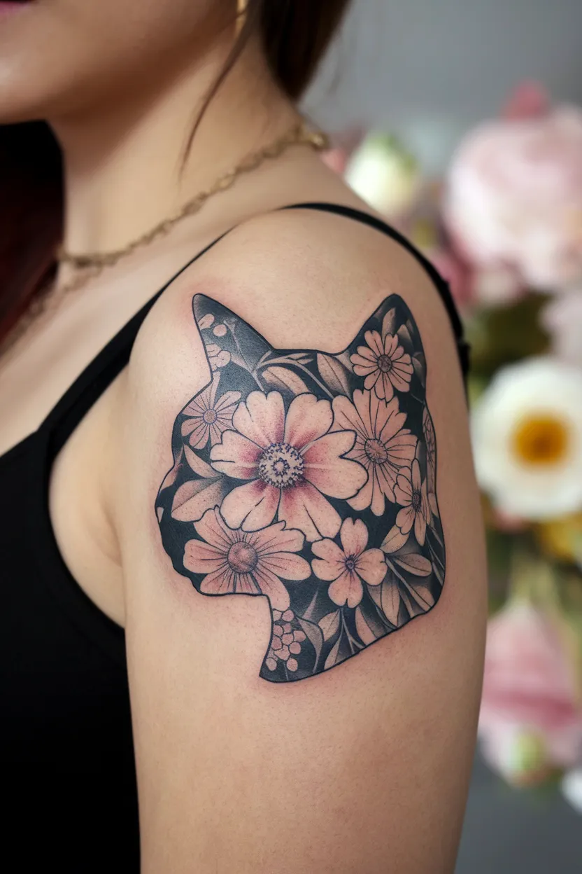 Cat Head Silhouette Filled With Flowers