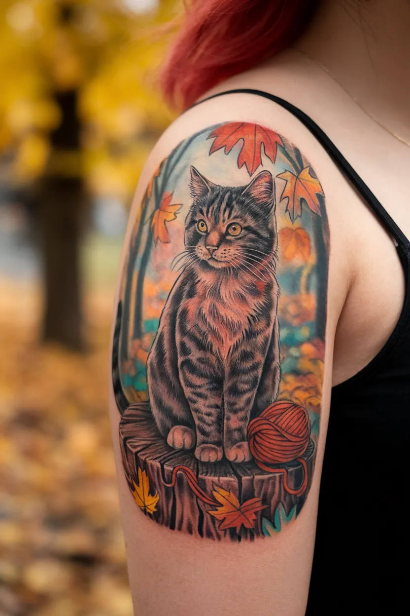 Cat With Autumn Leaves and Yarn