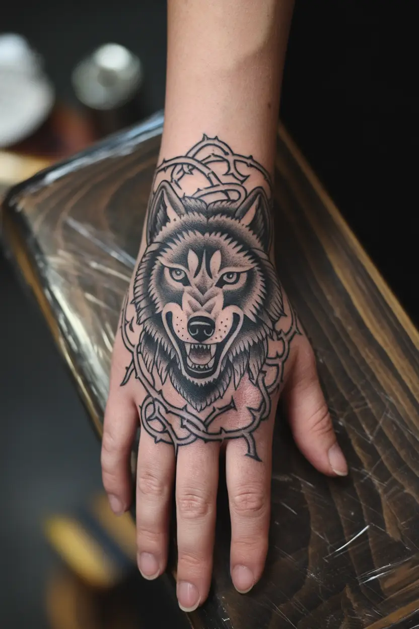 Fierce Wolf Hand Tattoo