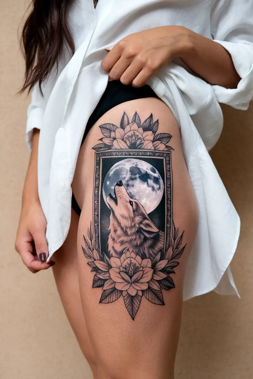 Howling Wolf and Moon Rectangle Tattoo