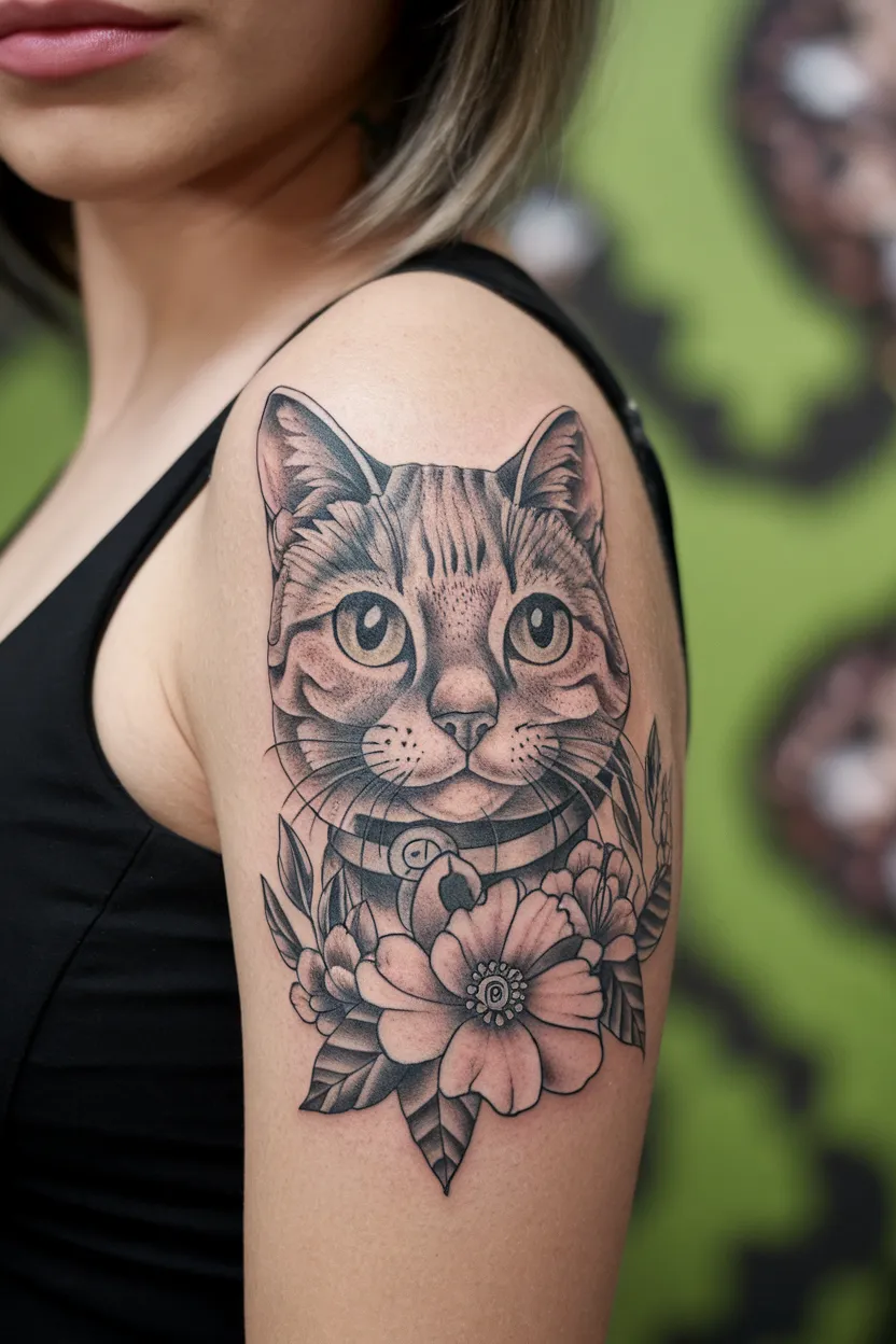 Simple Outline of a Cat's Face With Floral Accents