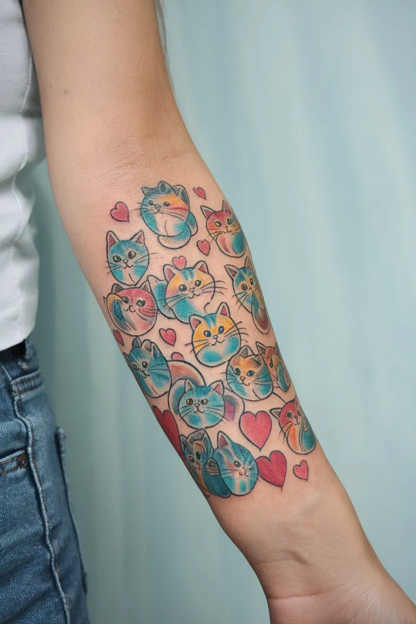 Small, Colorful Cats Interspersed With Hearts