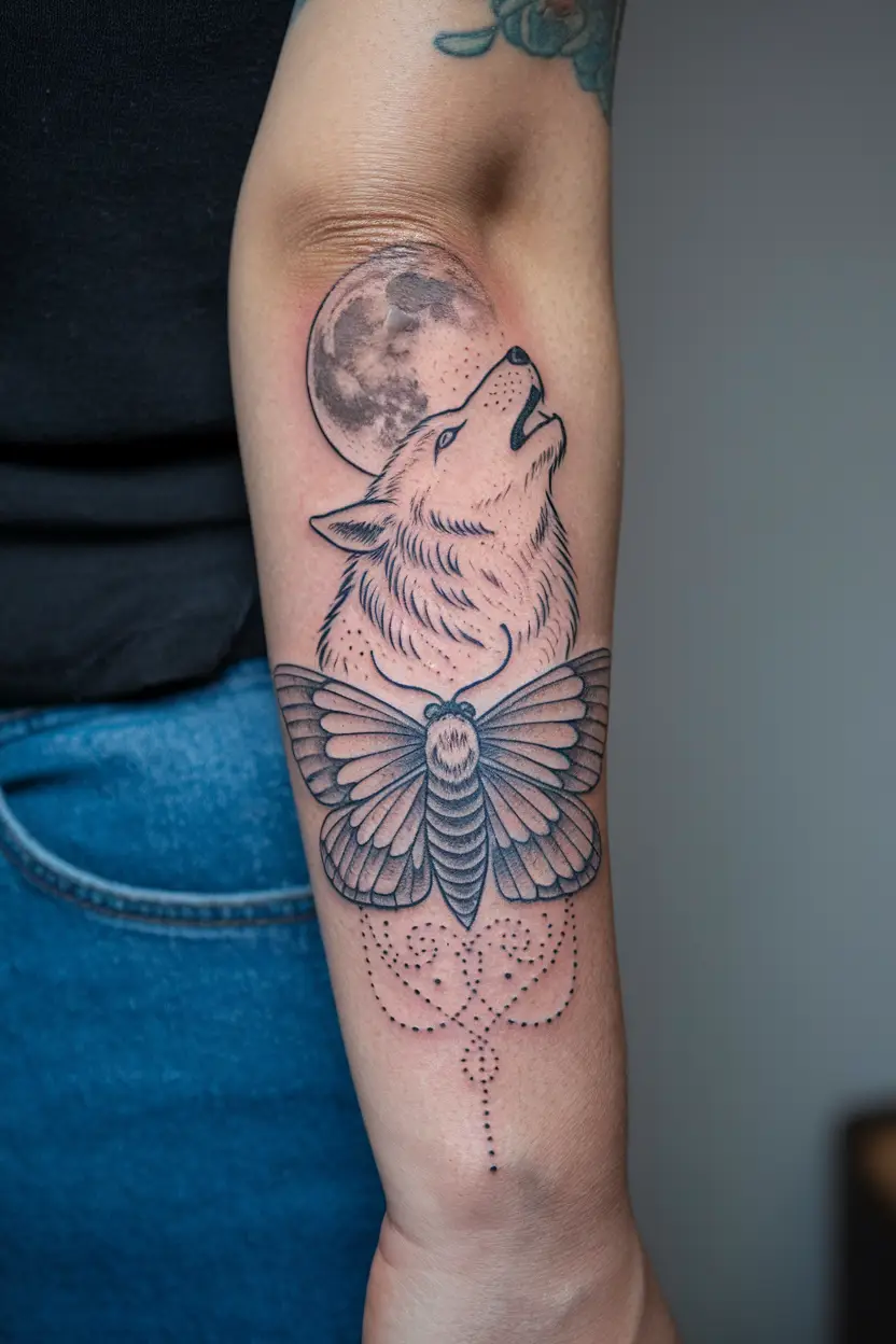 Wolf and Moth Tattoo