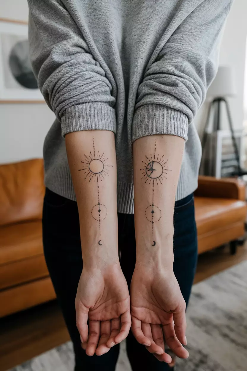 Linework Tattoo of Sun and Moon as Matching Forearm Tattoos A close-up photo of a woman showing her forearms with matching linework tattoos of a sun on one arm and a moon on the other, connected by dotwork, tattoo design, living room background