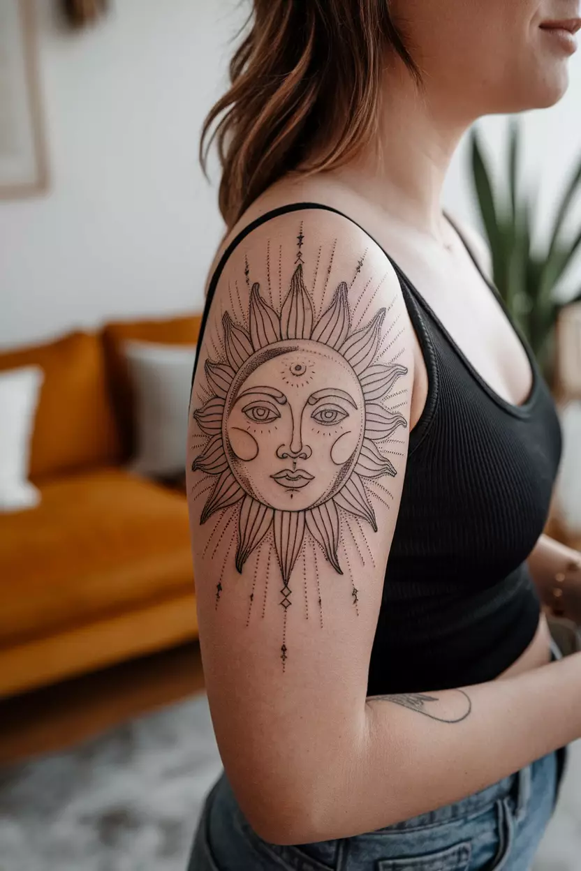 Linework Tattoo of Sun and Moon on Upper Arm A close-up photo of a woman showing her upper arm with a detailed linework tattoo of the sun and moon with expressive facial features and radiating lines, tattoo design, living room background