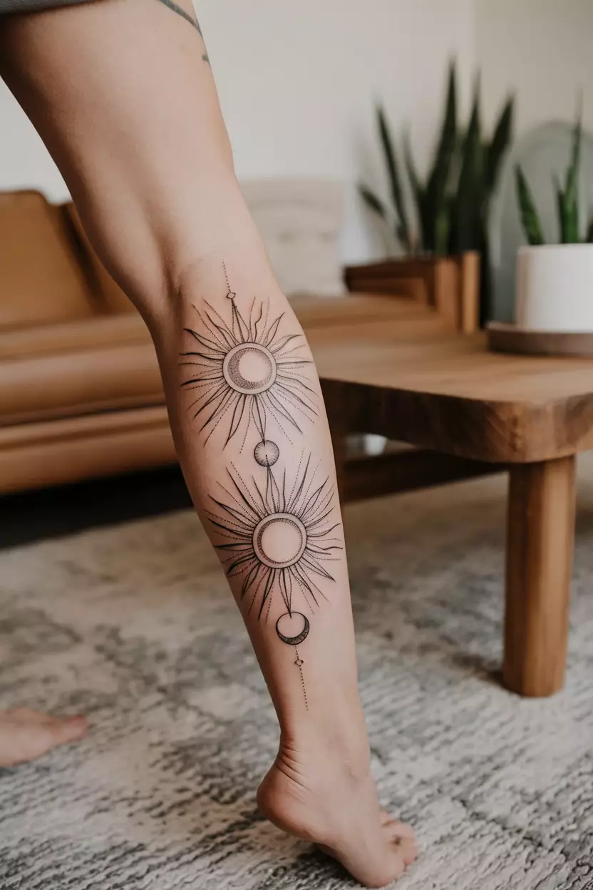 Fineline Black and Gray Outer Calf Tattoo of Sun and Moon A close-up photo of a woman showing her outer calf with a fineline black and gray tattoo of intertwined sun and moon shapes, tattoo design, living room background