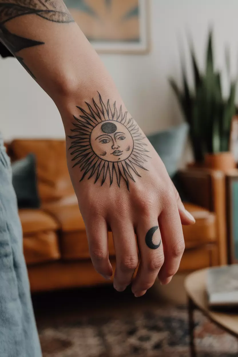 Old School Hand Tattoo of the Sun and Moon A close-up photo of a woman showing her hand with a bold, old school style tattoo of the sun and moon in muted colors, with a small crescent moon on the finger, tattoo design, living room background
