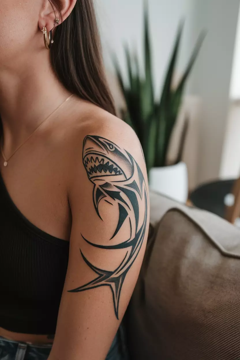 Tribal Shark Design A close-up photo of a woman showing her tribal shark tattoo featuring sharp lines and curves that signify strength and respect for marine life’s power in nature's ecosystem, tattoo design, living room background