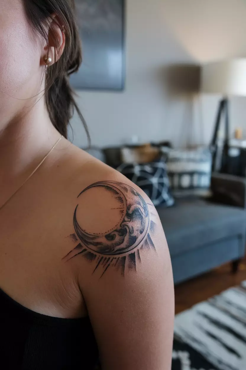 Realism Crescent Moon A close-up photo of a woman showing her shoulder blade with a highly detailed, realistic tattoo of a crescent moon with shadowing and texture, tattoo design, living room background