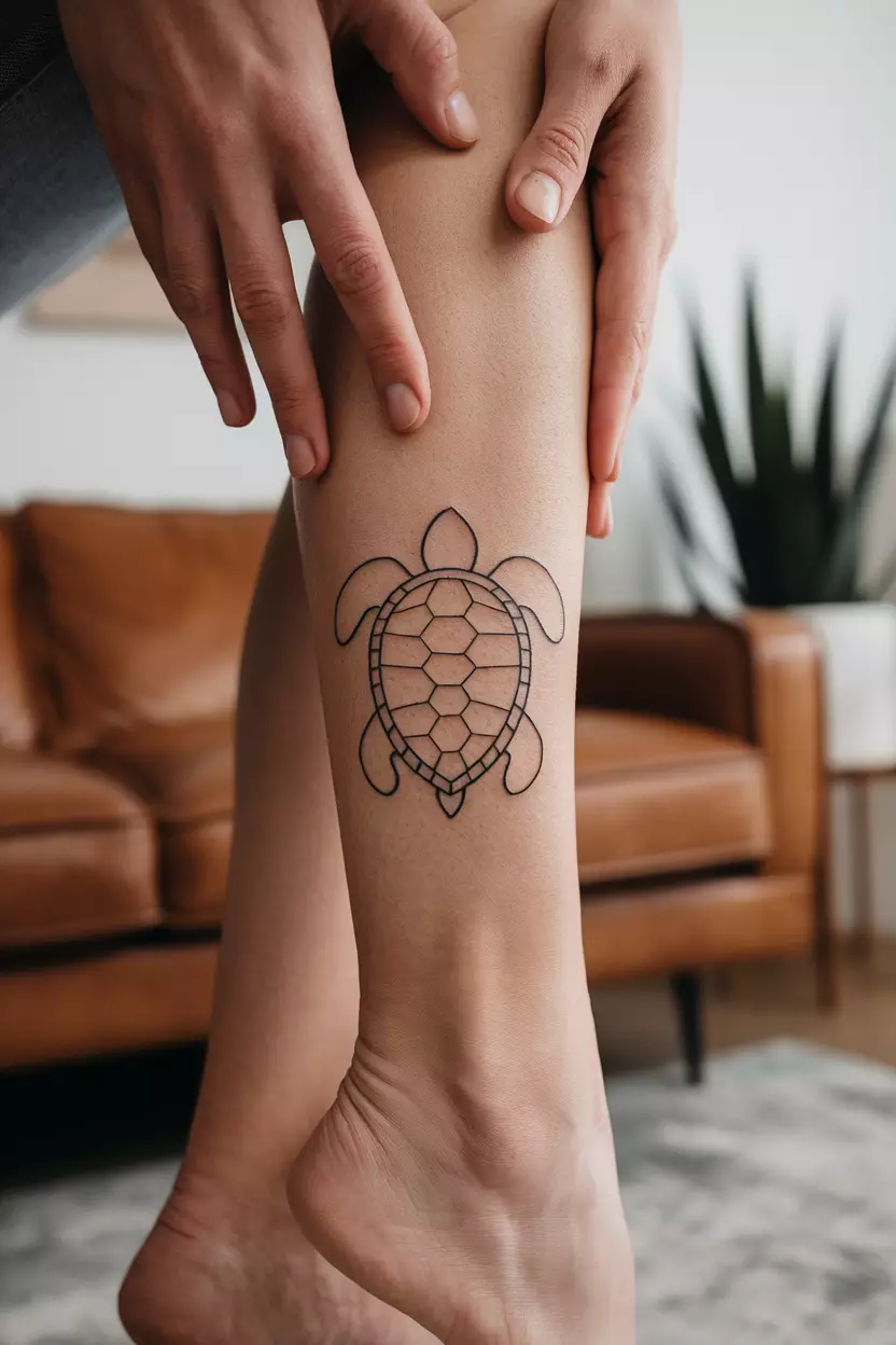 Minimalist Line Turtle on Ankle A close-up photo of a woman showing her minimalist line turtle tattoo above her ankle, with simple black outlines and clean lines that emphasize elegance and simplicity, living room background.