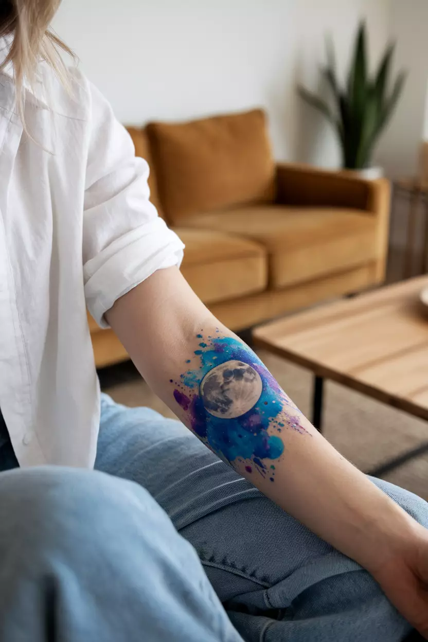 Watercolor Moon A close-up photo of a woman showing her vibrant watercolor-style moon tattoo with splashes of blue and purple, tattoo design, living room background