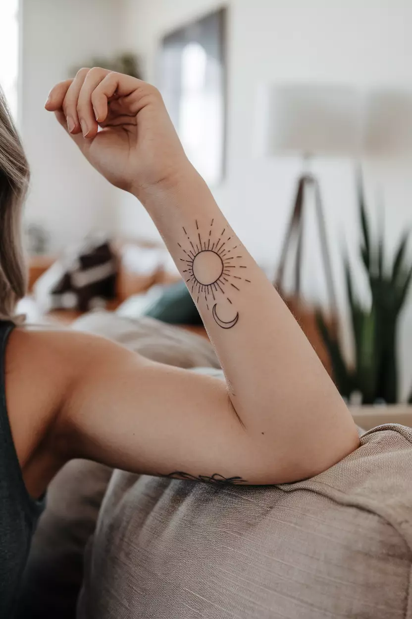 Fineline Triceps Tattoo of Sun Kissing the Moon A close-up photo of a woman showing her tricep with a delicate fineline tattoo of a sun and a crescent moon, living room background