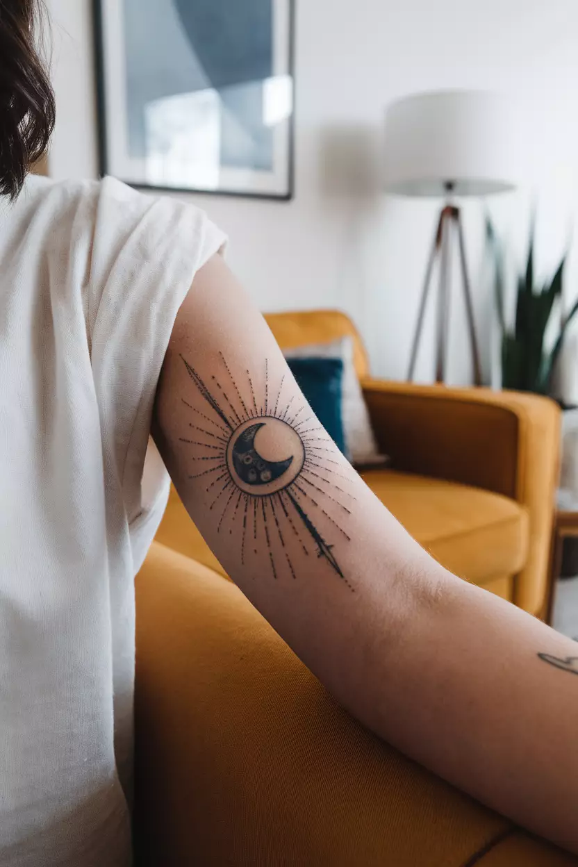 Custom Linework Tattoo of the Moon and Sun Incorporating Color A close-up photo of a woman showing her arm with a linework tattoo of the moon in blue and the sun in yellow, showcasing a day and night contrast, tattoo design, living room background