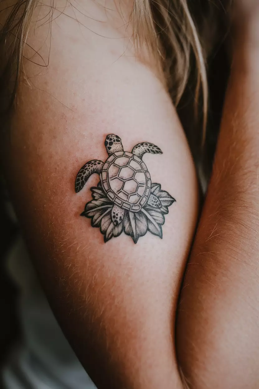 Sea Turtle Tattoo A close-up photo of a woman showing her tiny sea turtle tattoo design
