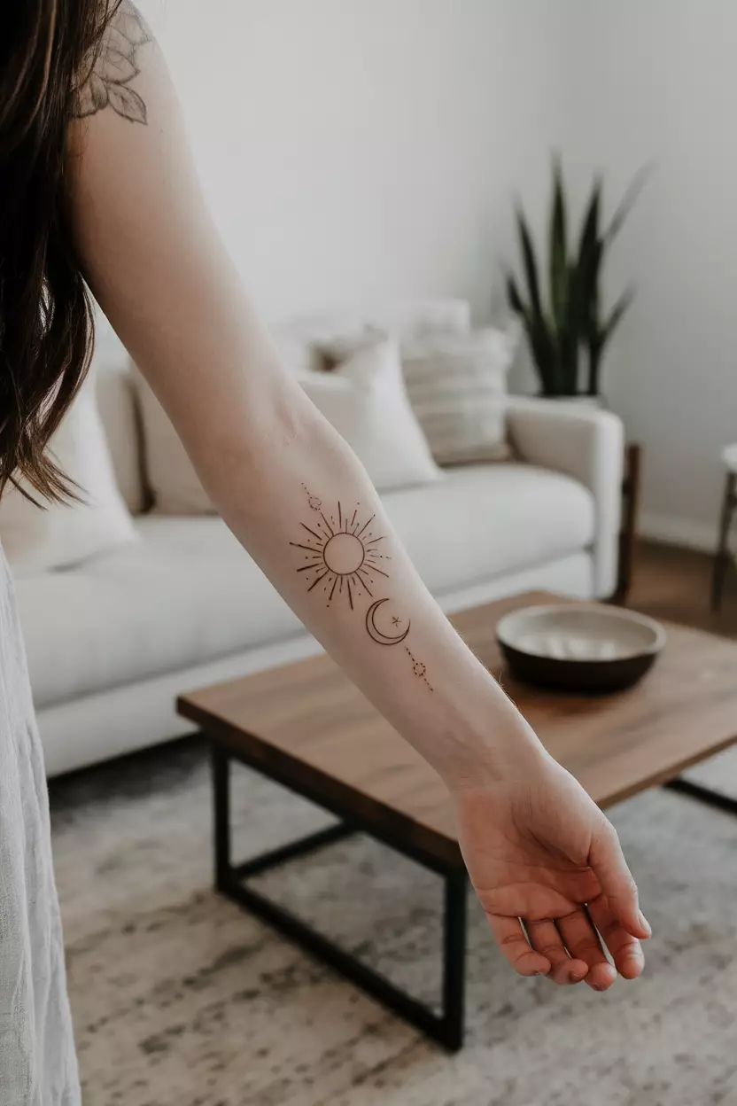 Linework Tattoo of Sun and Moon on Forearm A close-up photo of a woman showing her forearm with a simple, clean linework tattoo of a minimalist sun and moon design, tattoo design, living room background