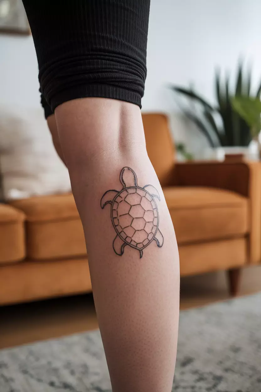 Simple Silhouette Turtle Behind Leg A close-up photo of a woman showing her simple silhouette turtle tattoo behind her leg, emphasizing clean lines for an elegant yet subtle statement piece, living room background.