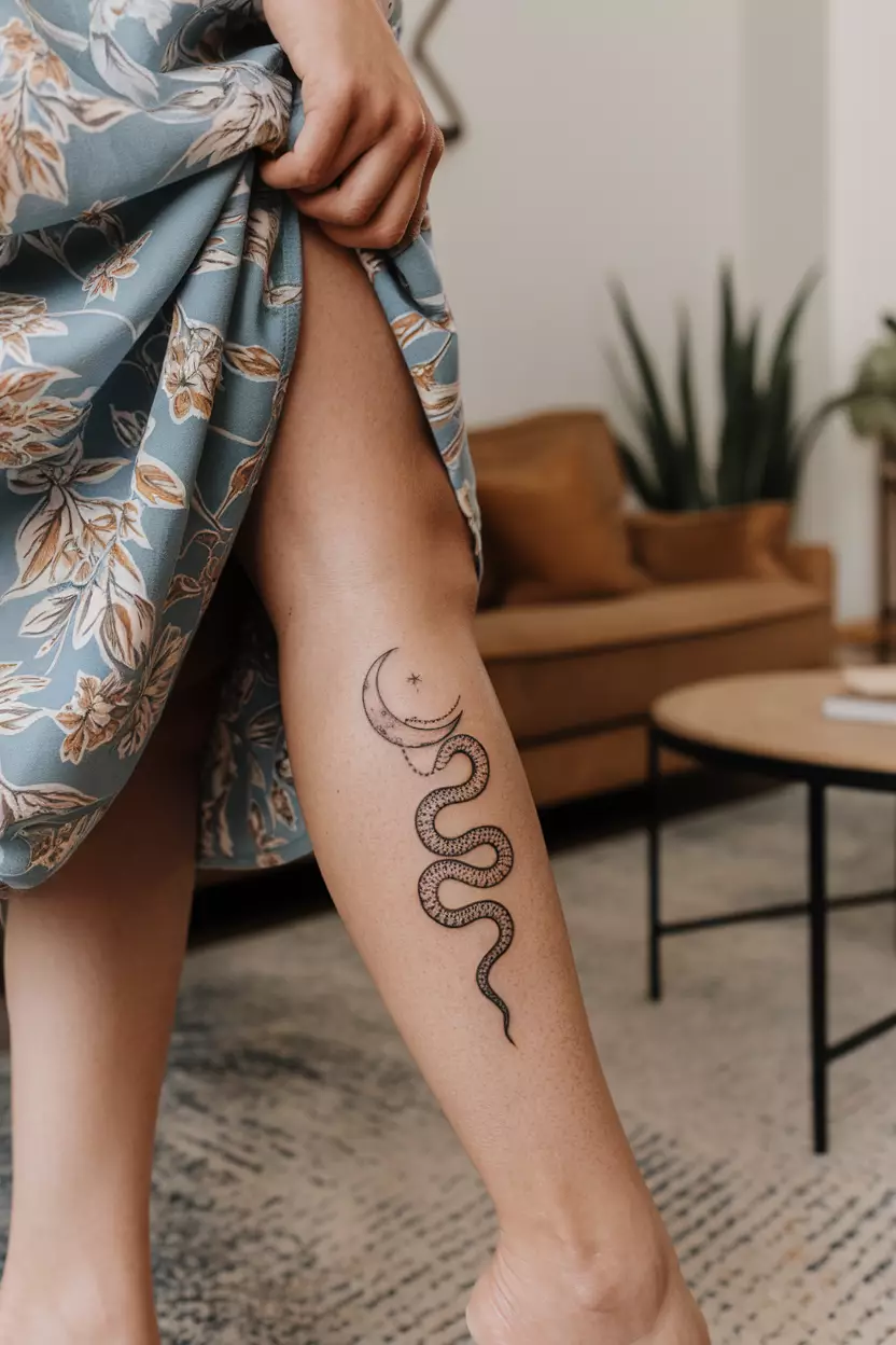Snake on Slender Crescent Moon A close-up photo of a woman showing her calf with a tattoo of a slender crescent moon with a snake gracefully coiled around it, tattoo design, living room background