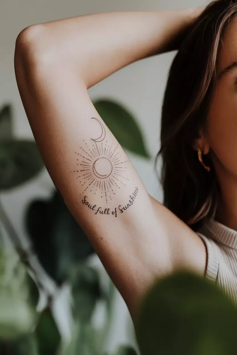 Fineline Tattoo of Moon and Sun with Text A close-up photo of a woman showing her arm with a delicate fineline tattoo of the moon and the sun, accompanied by the text "soul full of sunshine"