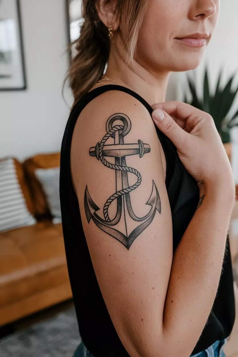 Stylized Anchor with Rope A close-up photo of a woman showing her stylized anchor tattoo entwined with rope, symbolizing stability and strength amidst life's turbulent waters, tattoo design, living room background