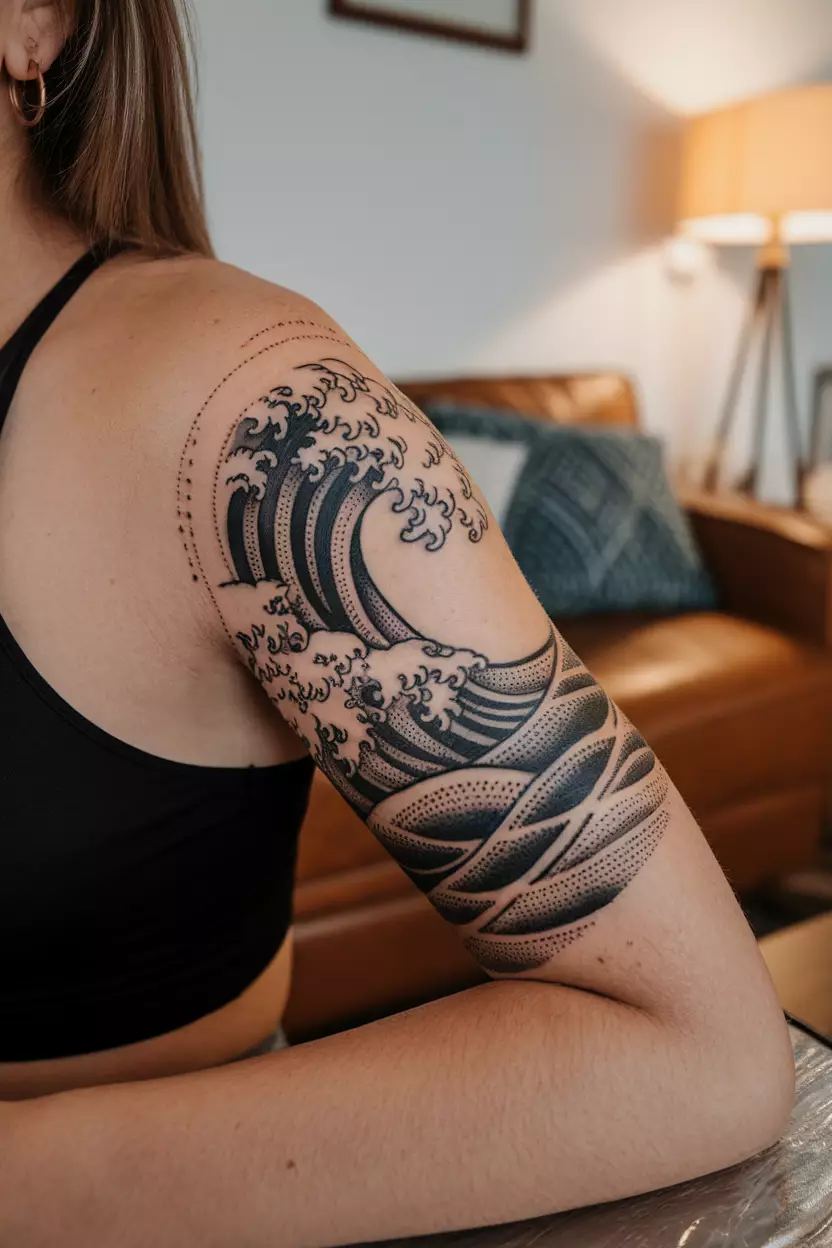 Stylized Wave with Dotwork A close-up photo of a woman showing her stylized wave tattoo created with dotwork patterns for depth and texture that captures the essence of flowing water, tattoo design, living room background