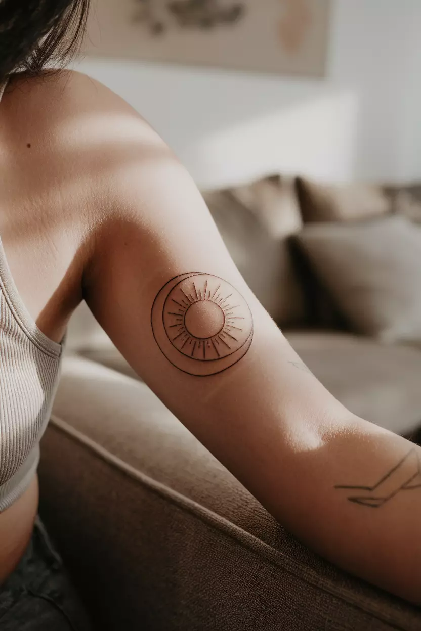 Linework Tattoo of Moon Embracing the Sun A close-up photo of a woman showing her arm with a simple linework tattoo of a crescent moon fully encircling and embracing the sun, tattoo design, living room background