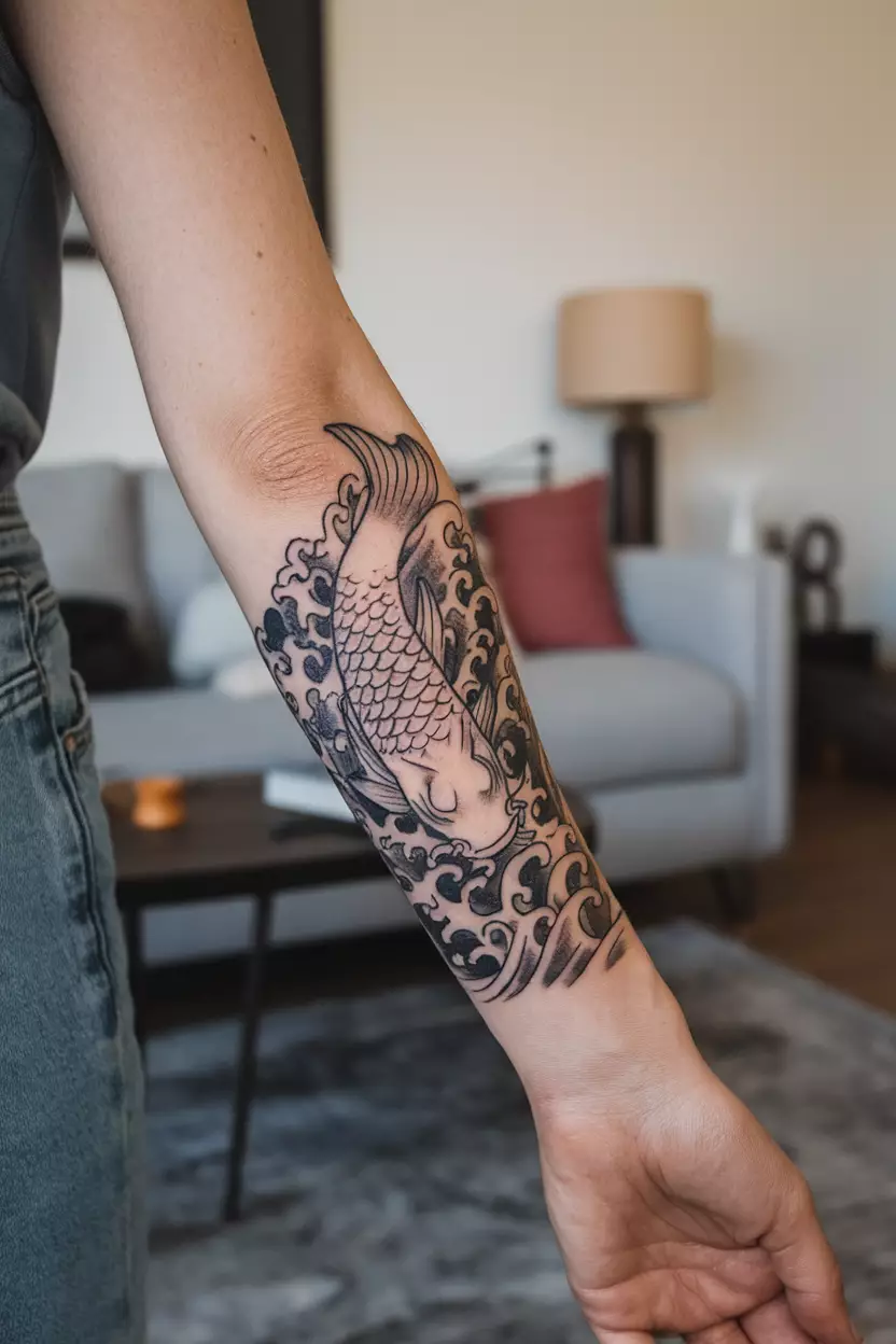 Koi Fish Swimming Upstream A close-up photo of a woman showing her koi fish tattoo swimming upstream against waves, representing perseverance and determination in overcoming obstacles, tattoo design, living room background