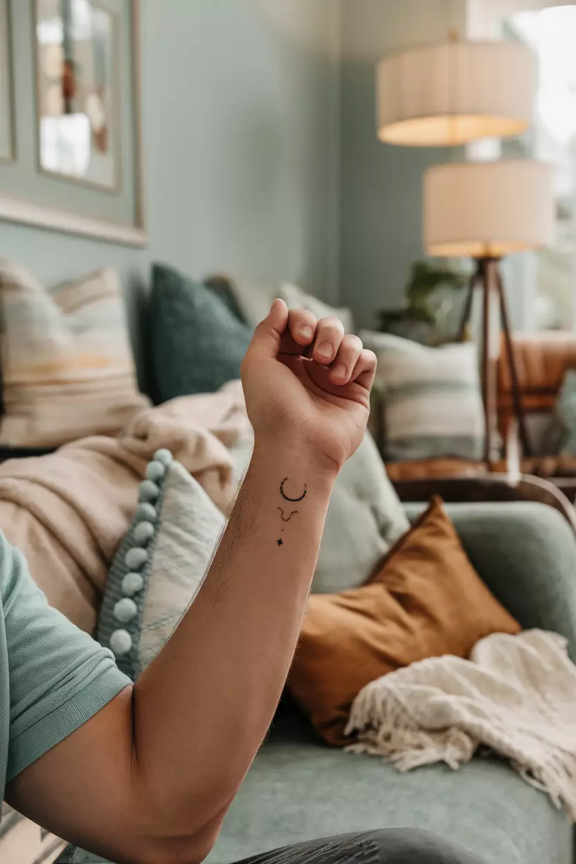 Venus Tattoo A close-up photo of a man showing his elegant Venus symbol tattoo on his wrist, representing love and beauty against the backdrop of a cozy living room filled with soft fabrics and calming colors for an understated yet meaningful vibe.