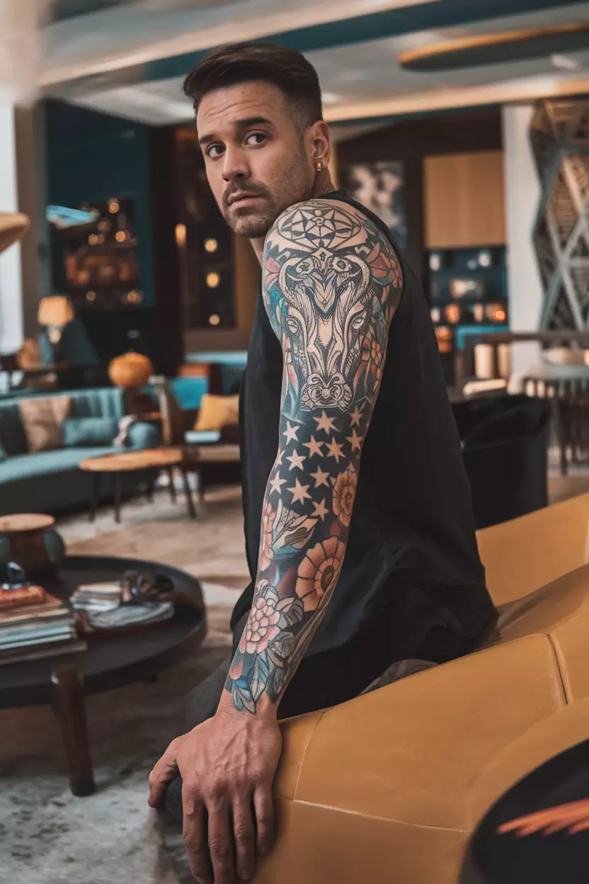 Taurus Forearm Tattoo A close-up photo of a man showing his bold forearm tattoo featuring an intricate bull design surrounded by stars and floral motifs, captured in a stylish living room filled with comfortable seating arrangements and artistic displays that enhance its striking appearance.