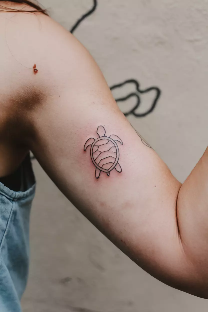 Minimalist Turtle Tattoo A close-up photo of a woman showing her tiny minimalist turtle tattoo design