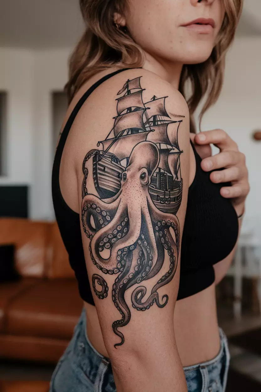 Octopus Embracing a Ship A close-up photo of a woman showing her octopus tattoo wrapping around an old ship, symbolizing mystery and the depths of the ocean's wonders, tattoo design, living room background