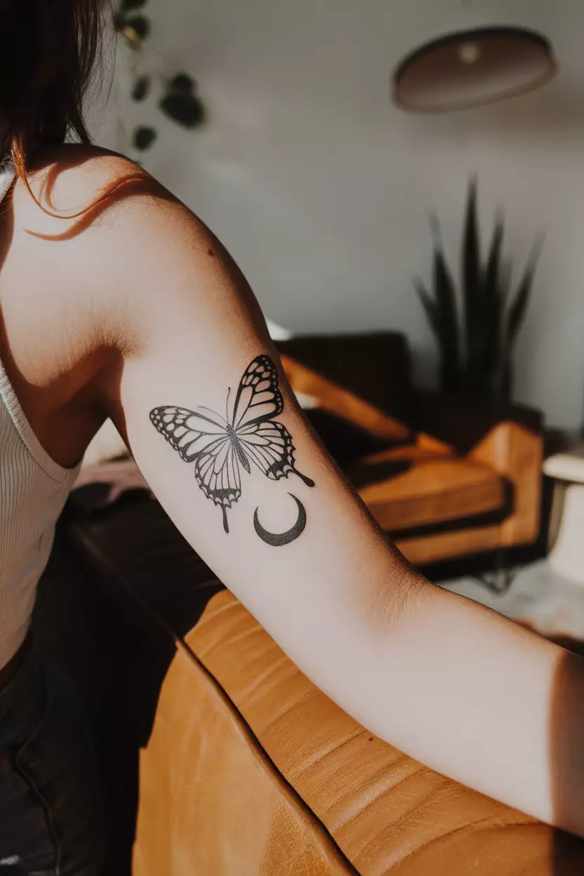 Black Butterfly and Moon A close-up photo of a woman showing her black butterfly tattoo with a crescent moon, representing mystery and the connection between nature and the cosmos, tattoo design, living room background