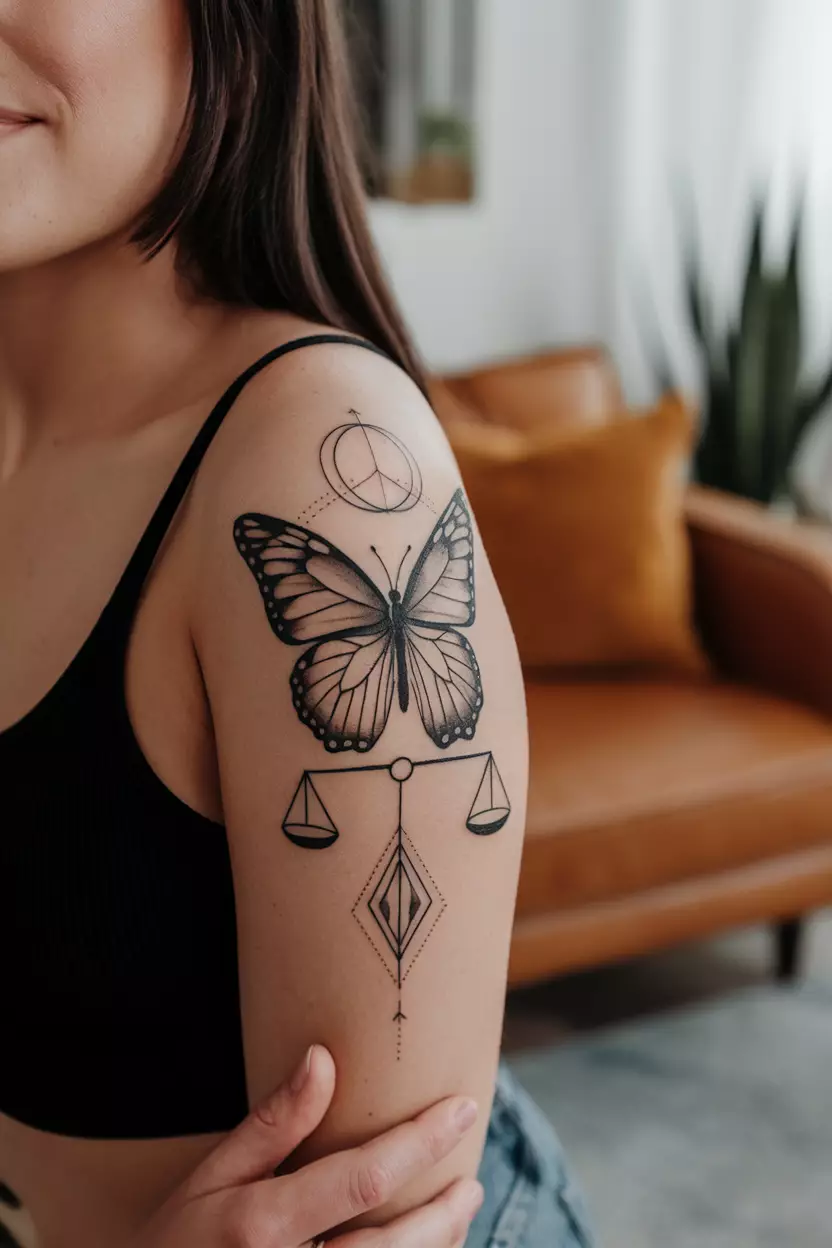 Black Butterfly with Geometric Shapes A close-up photo of a woman showing her black butterfly tattoo integrated with geometric shapes, symbolizing balance and harmony in life, tattoo design, living room background