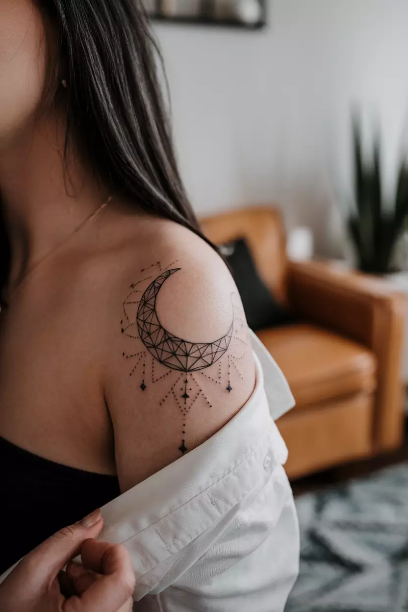 Geometric Moon A close-up photo of a woman showing her geometric moon tattoo made up of triangles and lines, tattoo design, living room background