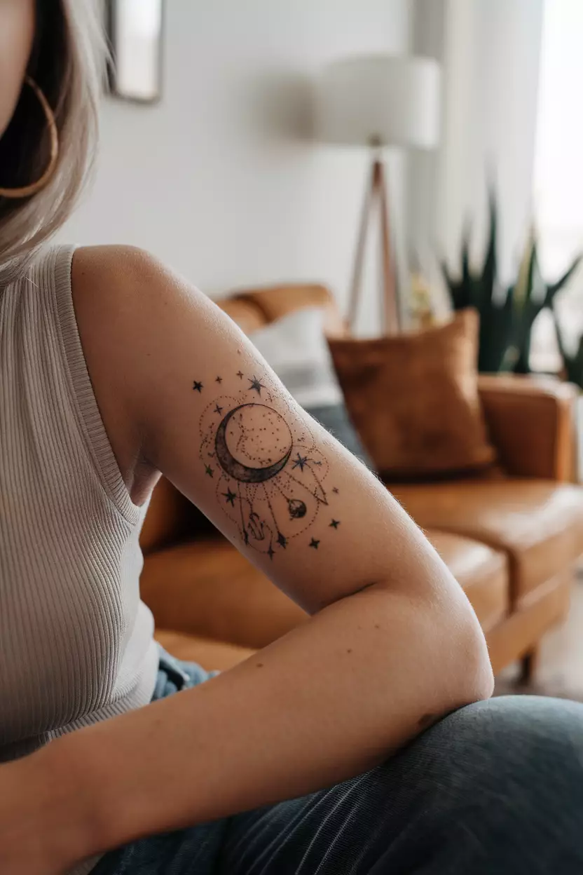 Celestial Moon A close-up photo of a woman showing her tattoo of a moon surrounded by stars, planets, and constellations, tattoo design, living room background