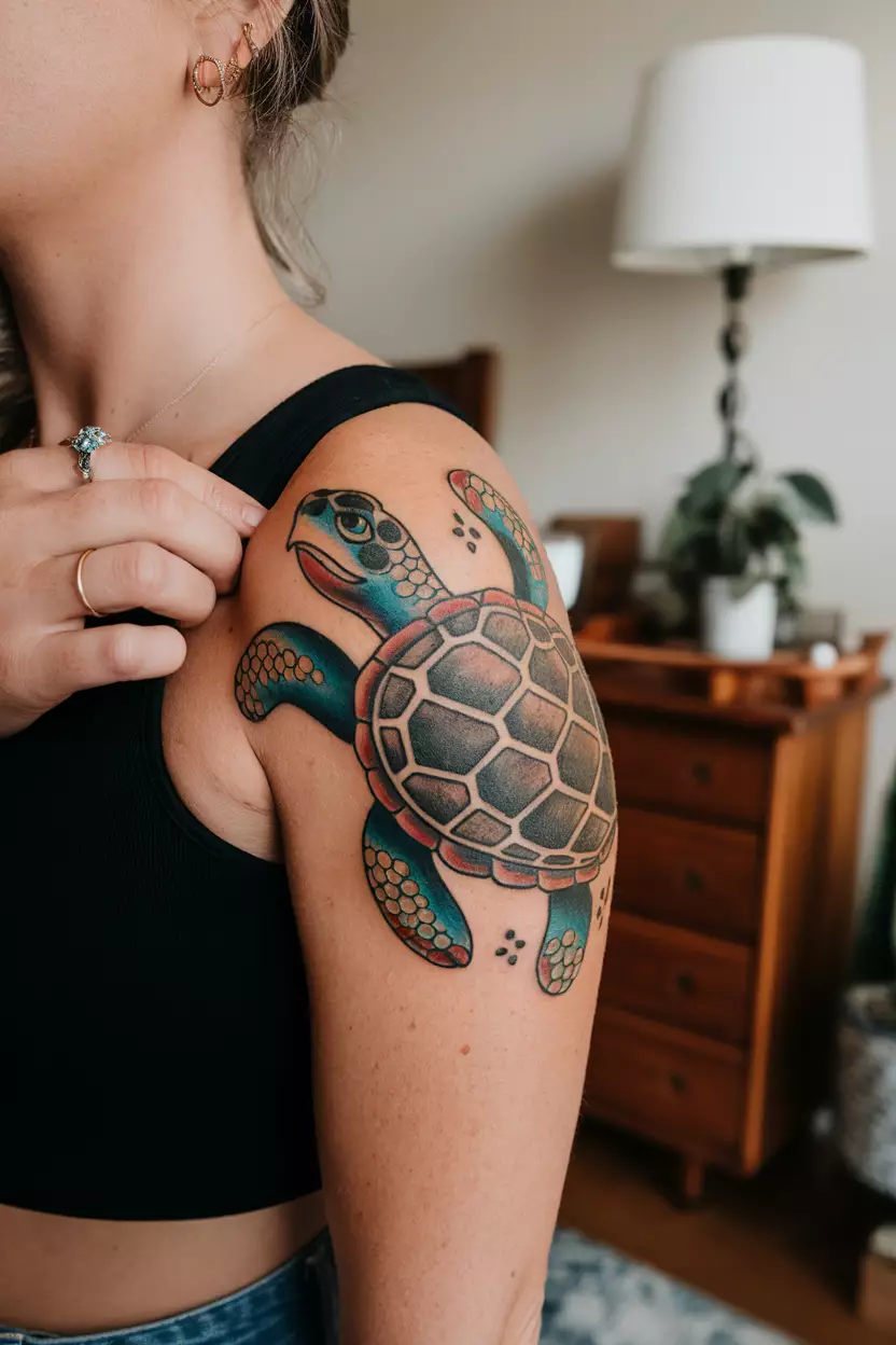 Vintage Style Turtle on Upper Arm A close-up photo of a woman showing her vintage-style turtle tattoo on her upper arm, incorporating retro colors and designs reminiscent of classic tattoos, bedroom background.