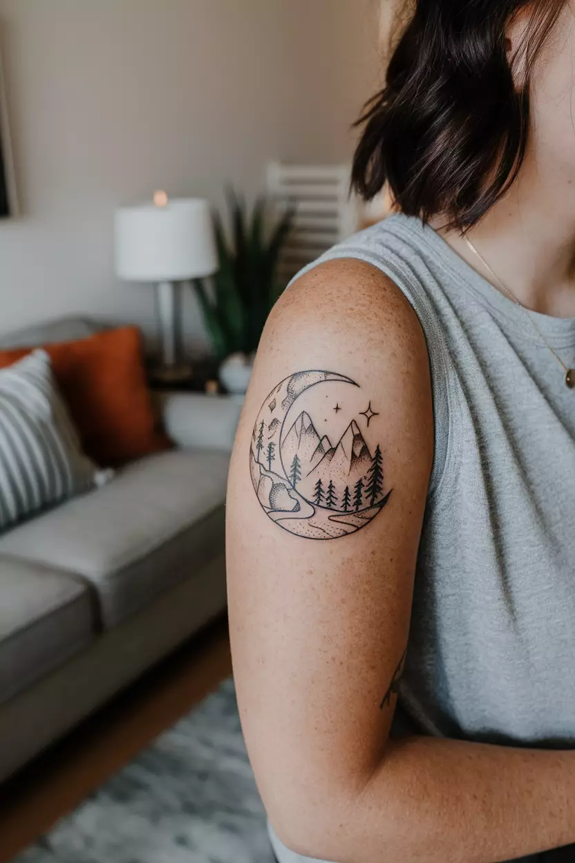Mountain Crescent Moon A close-up photo of a woman showing her bicep with a tattoo of a crescent moon containing a scenic mountain landscape within its curve, tattoo design, living room background